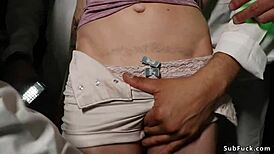 Redhead gets interracial dp fucked in bondage