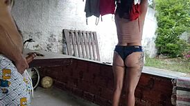 Maid seduces me in shorts until I fuck her on the balcony