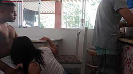 Morning coffee at cuckold's house: while he washes dishes, friend bangs wife hard 😈