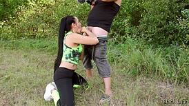 Side view bts I made my fitness trainer suck my fat cock and cum all over her face