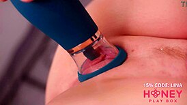 Young Amateur's Wet Pussy Gets Licked by Clit Toy Like Real Tongue, Squirting Close-Up - Honeyplaybox