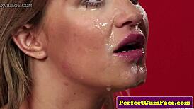 Bigtitted babe endures intense facial cumshot after sloppy blowjob