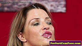 Bigtitted babe endures intense facial cumshot after sloppy blowjob