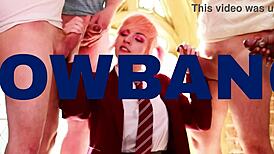 intense cock sucking drenches uniform in cum at milking table with victoria greene