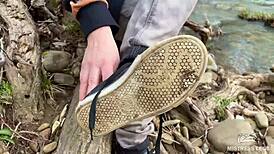 Beautiful nylon feet in jeans outdoor compilation