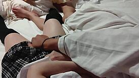 Uniform cosplay girl takes two creampies after cunnilingus and handjob. What a fetish delight!