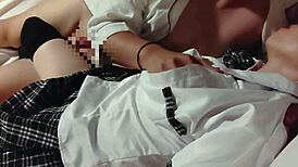 Uniform cosplay girl takes two creampies after cunnilingus and handjob. What a fetish delight!