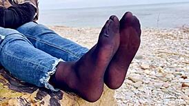 Beautiful nylon feet in jeans outdoor compilation
