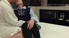 japanese schoolgirl cosplay squirts and cums during creampie