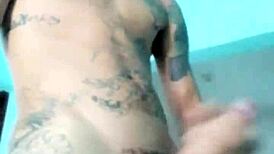 Slim guy shows his toy in living room