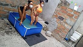 Athletic Indian And Plump Latina Women Enjoy Poolside Vacation In The Sun