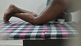 Squeezing sperm milk outside in massage spa