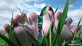 Goddess displays cute curly toes in white socks beneath jeans on spring grass field