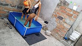 Athletic Indian And Plump Latina Women Enjoy Poolside Vacation In The Sun