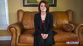 In this story, redhead coed Ravyn starts by rubbing her small tits, then uses a dildo to poke her shaved pussy.