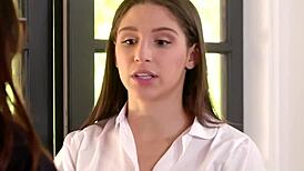 18+ brunette teen ass licks lesbian tutor before detailed scissoring and kissing session