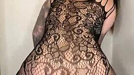 paige in fishnets takes big black cock dildo deep, then finishes with her mouth in an intriguing scene