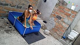 Athletic Indian And Plump Latina Women Enjoy Poolside Vacation In The Sun