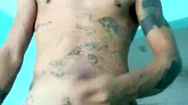 Slim guy shows his toy in living room