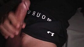 Guy jerks big cock in tight workout clothes on bed 😩
