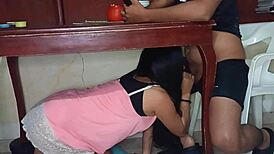 Amante Hidden Under Table Sucking Cock