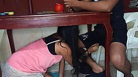 Amante Hidden Under Table Sucking Cock