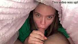 Stepdaughter Climbs Under Blanket For Deep Blowjob To Stepfather