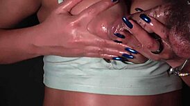 Close-Up View Of Long Natural Blue Nails And Wonderful Big Natural Tits Covered In Cum
