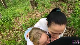 Amateur Threesome Blowjob Outdoors in Forest!