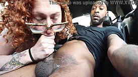 White girl deepthroats huge black cock in public car