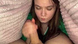 Stepdaughter Climbs Under Blanket For Deep Blowjob To Stepfather