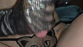 Glove wearing milf milks cock with gloves, wet pussy, pierced nipples, and small tits