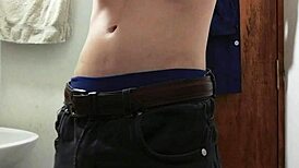 I strip half-naked and masturbate in the work bathroom for a loaded cumshot 😏