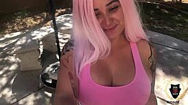 Curvy barbi with pink hair rides rome major intensely, leading to cum on hair
