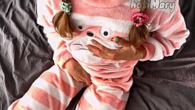 Petite teen in pajama masturbates small tits to orgasm!