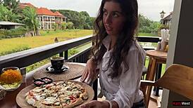 Eating pizza with cum on my face in a public cafe 😋