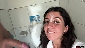 Eating pizza with cum on my face in a public cafe 😋