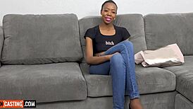 Skinny black milf rides bwc producer pov cowgirl in couch casting