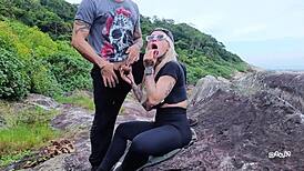 Teen amateur sucks cock at beach for taboo creampie orgasm