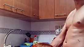 eating mother-in-law's wet pussy in kitchen