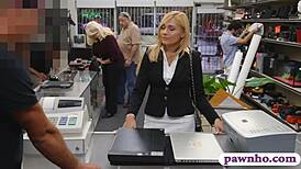 Hot blonde milf sucked off and got nailed at the pawnshop, caught on hidden cam