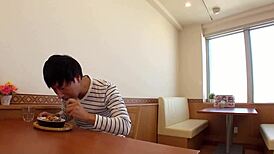 dirty japanese teen waitress gives blowjob and footjob to customers at restaurant