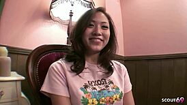 Asian teen 18+ masturbates intensely, gives first blowjob, swallows cum boldly.