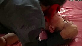 French amateur in red satin dress fucks doggystyle with blowjob and rimming pov