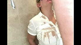 sexy blonde PISSED ON for first time