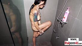 Is the extra skinny thai milf beam showering before fucking that big white cock?