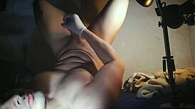 sexy masturbation with hard and soft gloves on monster cock