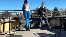 Dickflash roof adventure! Little redhead slut gives fast handjob and blowjob while boyfriend waits