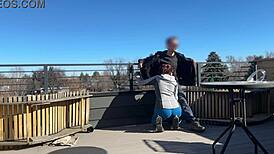 Dickflash roof adventure! Little redhead slut gives fast handjob and blowjob while boyfriend waits