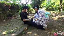 Hot japanese model saki aoyama performs blowjob, handjob, and fingering on cock in kimono outdoors uncensored.